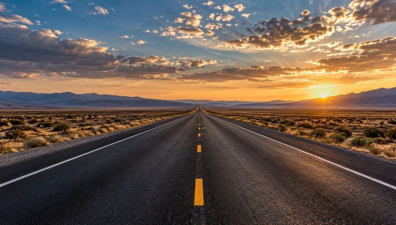 A highway stretches across an open desert plain toward a setting sun.