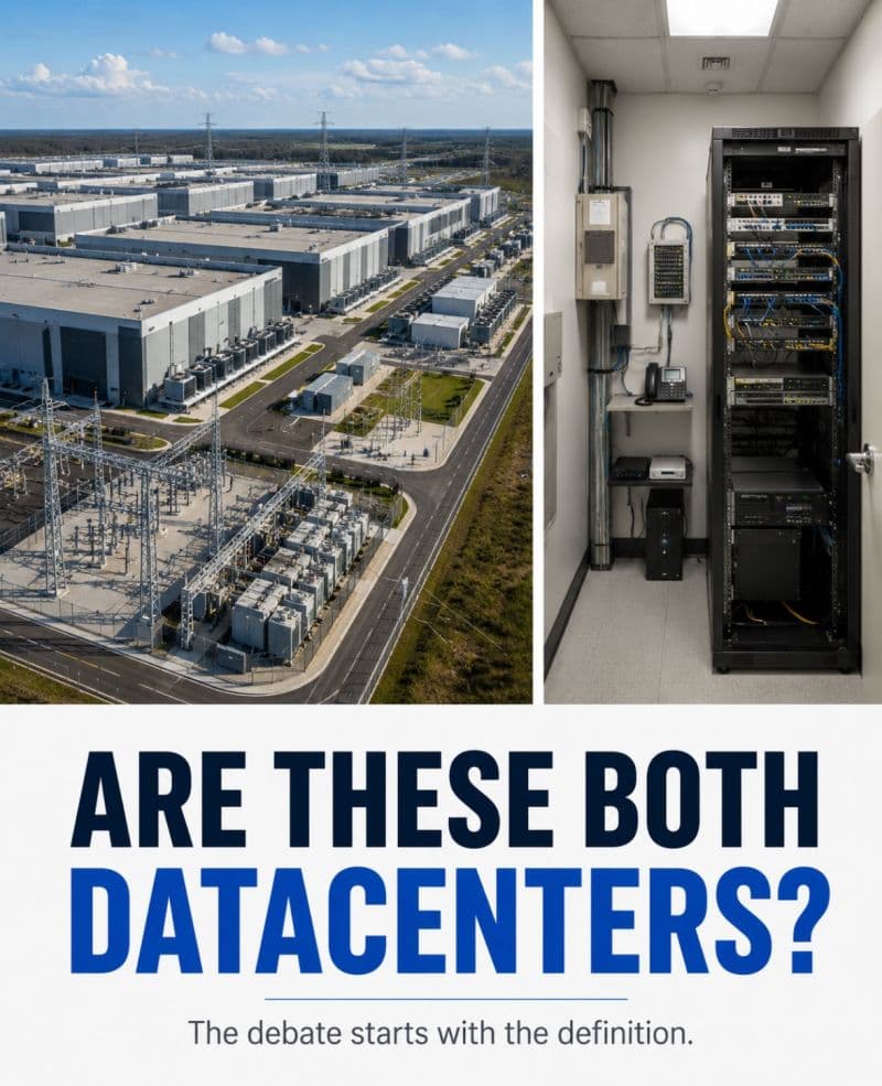 A graphic compares a large data-center campus with a small server room and asks whether both count as data centers.