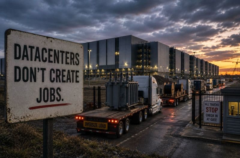 A data center gate sign says the facilities do not create jobs as trucks deliver oversized equipment.
