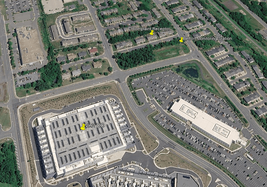 Satellite map showing the Vantage VA2 campus, complaint receptor, and Belfort monitoring station.