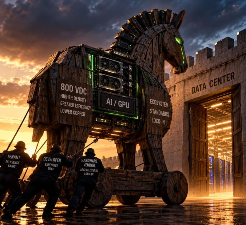 A Trojan horse built from data-center equipment illustrates the 800 VDC lock-in risk described in the post.